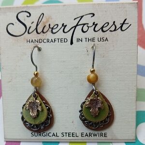 Earrings Surgical Steel Earwire Dangling Leaves w/ Oval Green Brown Silver Layer